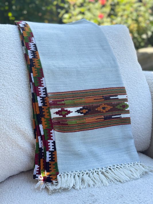 handmade white sheep wool shawl with geometic pattern