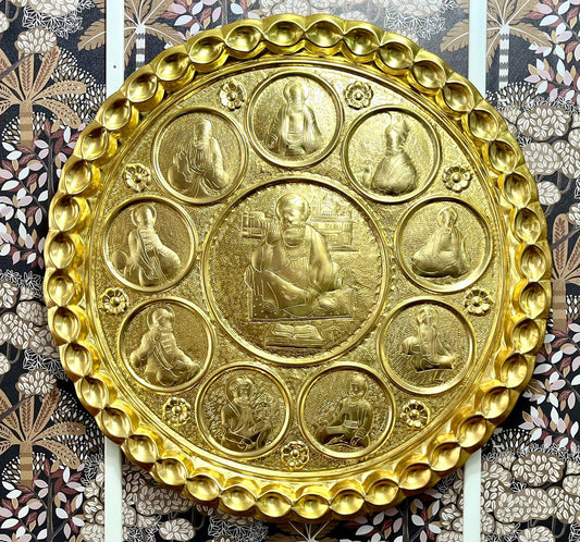 bronze metal plate carving for Sikh 10 gurus with floral background